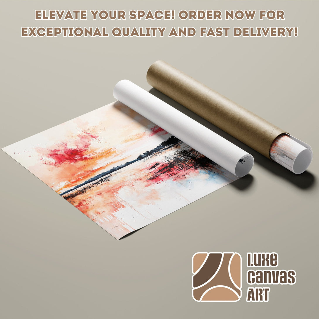 Abstract landscape Poster Roll art in warm red, orange, and blue tones. Elevate your space!