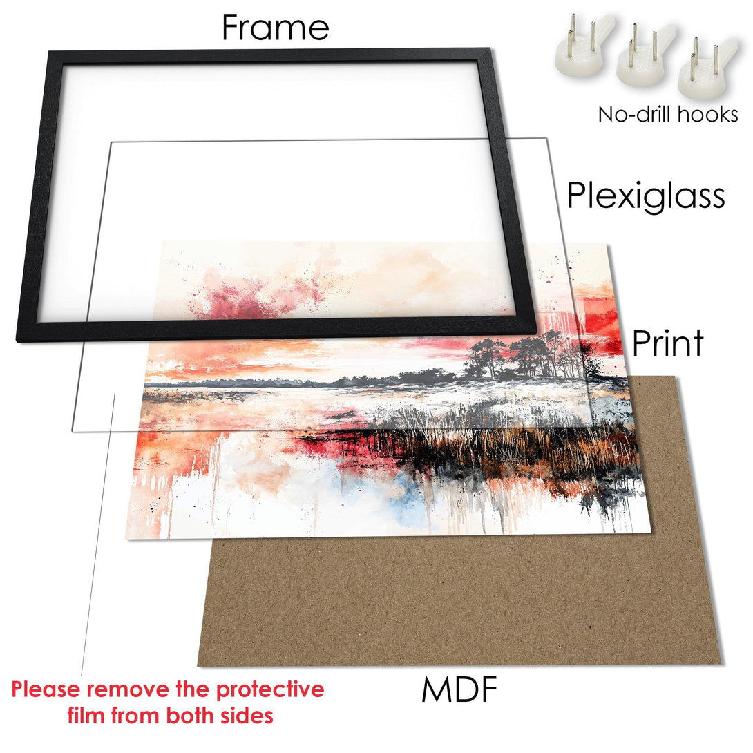 Framed Poster art print featuring a watercolor landscape in warm orange and black tones. Enhance your space with this beautiful Poster!