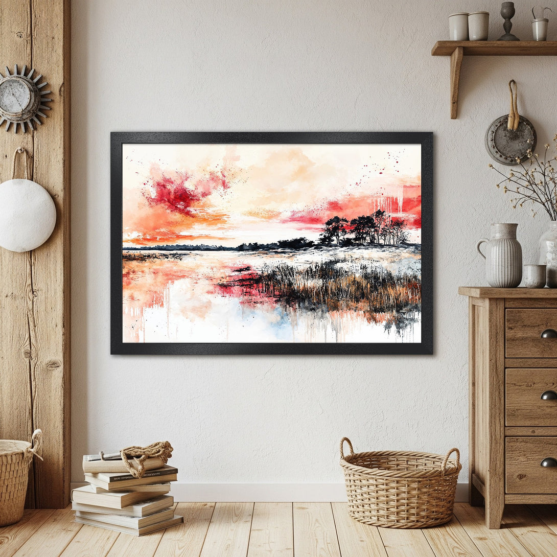 Framed Poster featuring a watercolor landscape in warm red and orange hues. Perfect wall art for any room!
