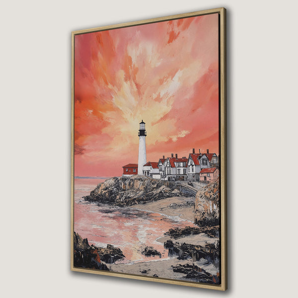 Framed Wall Art featuring a lighthouse at sunset. Coastal landscape art with warm orange and pink hues. Add a touch of serenity to your home.