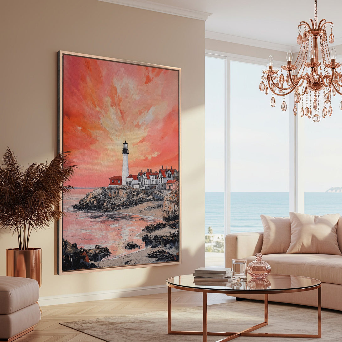 Framed Wall Art: Lighthouse landscape painting in warm red and orange tones. Coastal artwork perfect for living room decor.