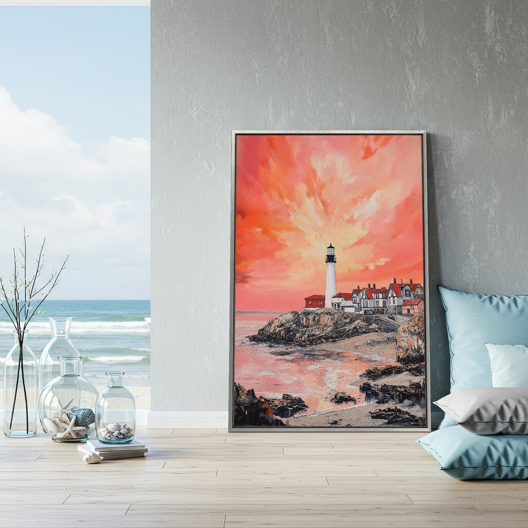 Framed Wall Art: Coastal lighthouse painting with a warm sunset color palette. Add a touch of seaside charm to your home decor!