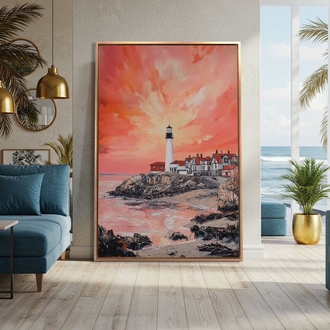 Framed Wall Art: Lighthouse painting with warm sunset hues. Coastal art in a modern interior. Adds a touch of serenity and style to any space.