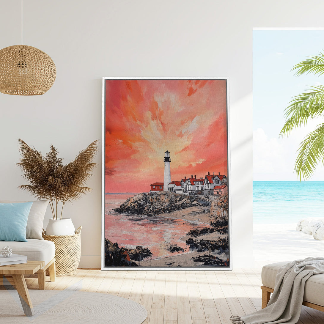 Framed Wall Art: Lighthouse painting with warm sunset hues. Coastal artwork in a modern interior, featuring a vibrant orange and pink color palette.