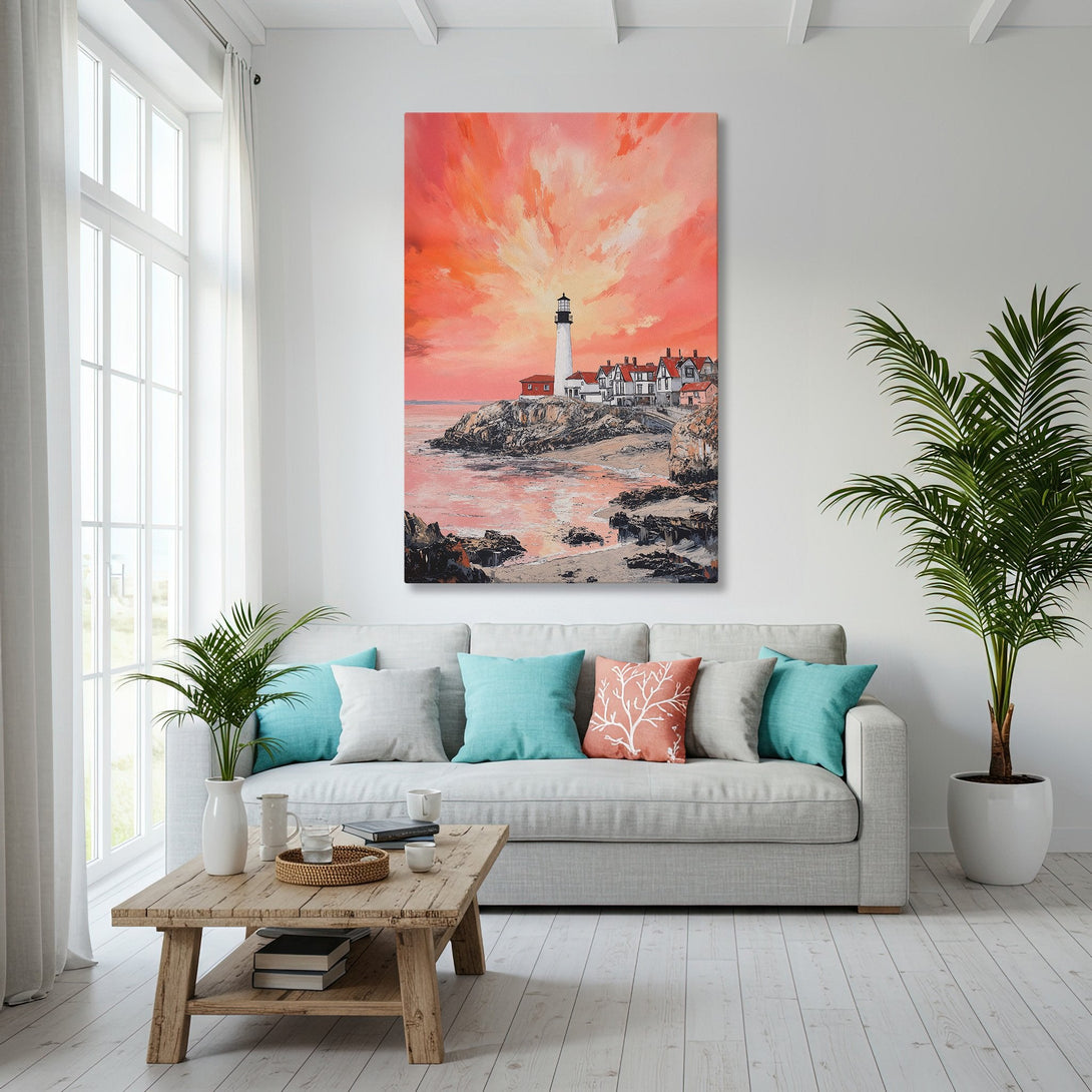 Framed Wall Art: Coastal lighthouse painting with warm sunset hues, displayed in a bright, modern living room. Adds a touch of art and color to any space.