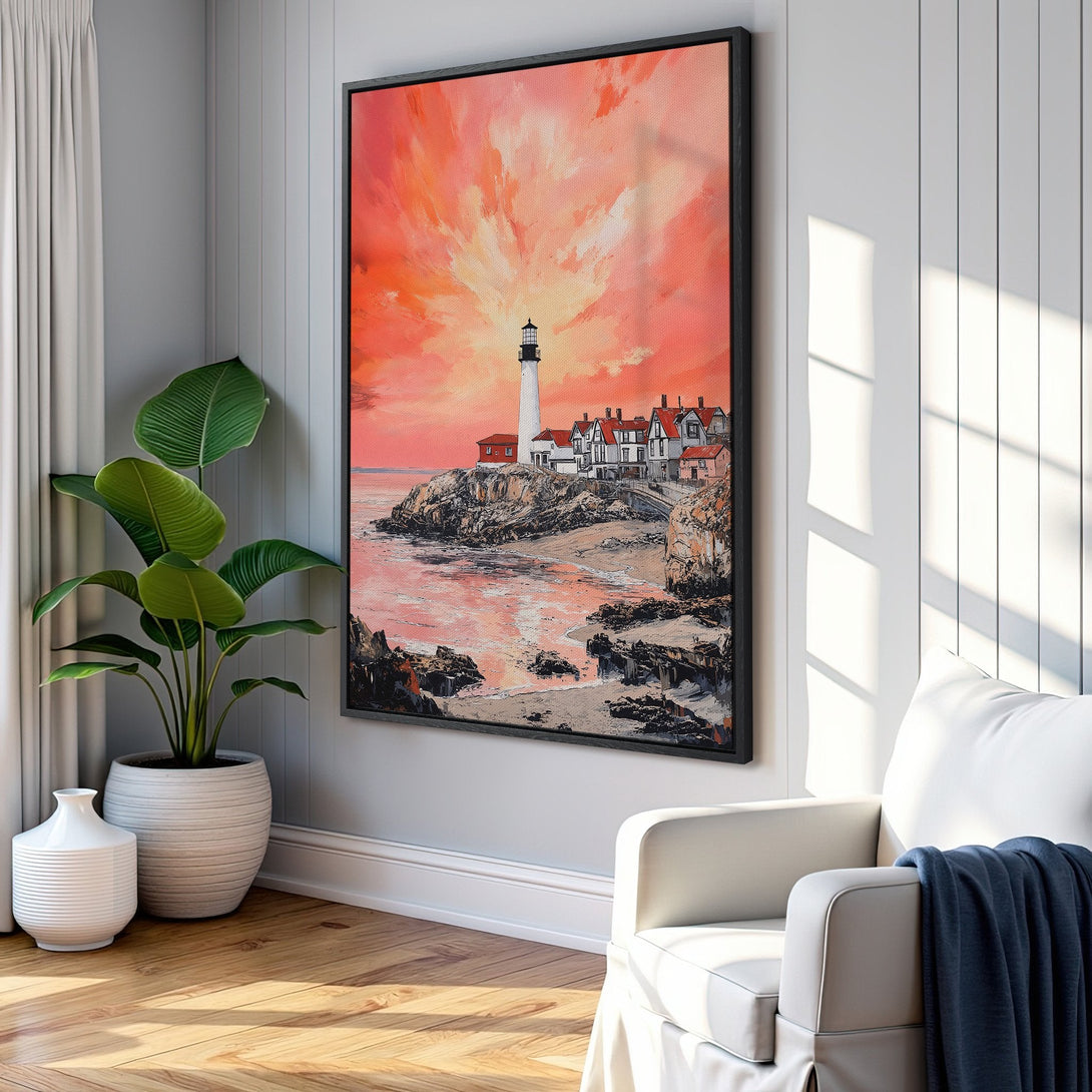 Framed Wall Art: Lighthouse painting with warm sunset hues. Coastal artwork in a living room. Add a touch of art to your home decor.