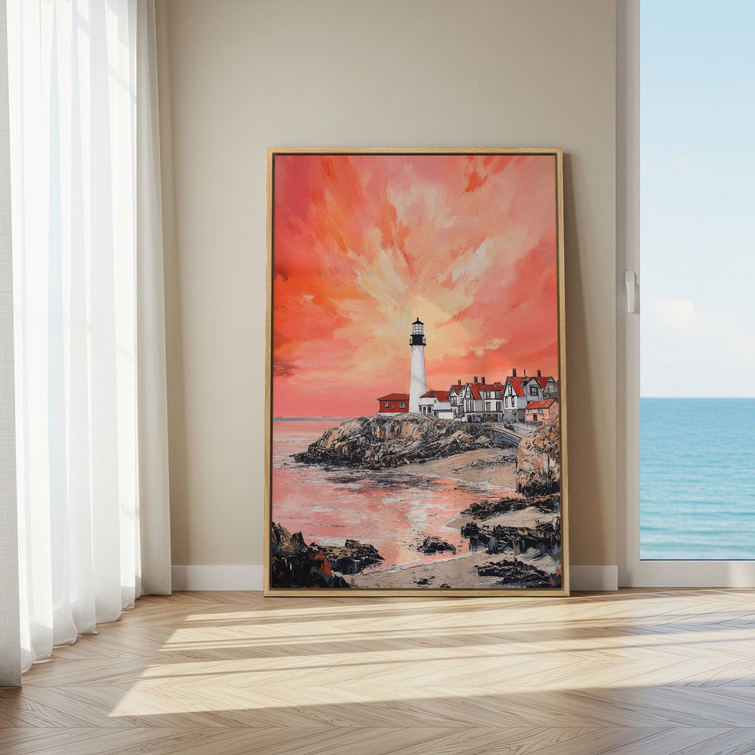 Framed Wall Art featuring a lighthouse and coastal scene in warm sunset hues. Perfect for adding a touch of art to your home decor.