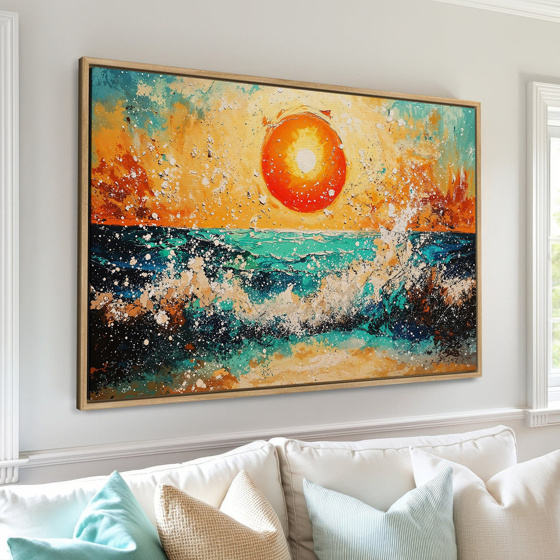 Framed Wall Art: Abstract ocean sunset canvas print with vibrant orange, teal, and blue hues. Perfect for adding coastal style to your home decor.