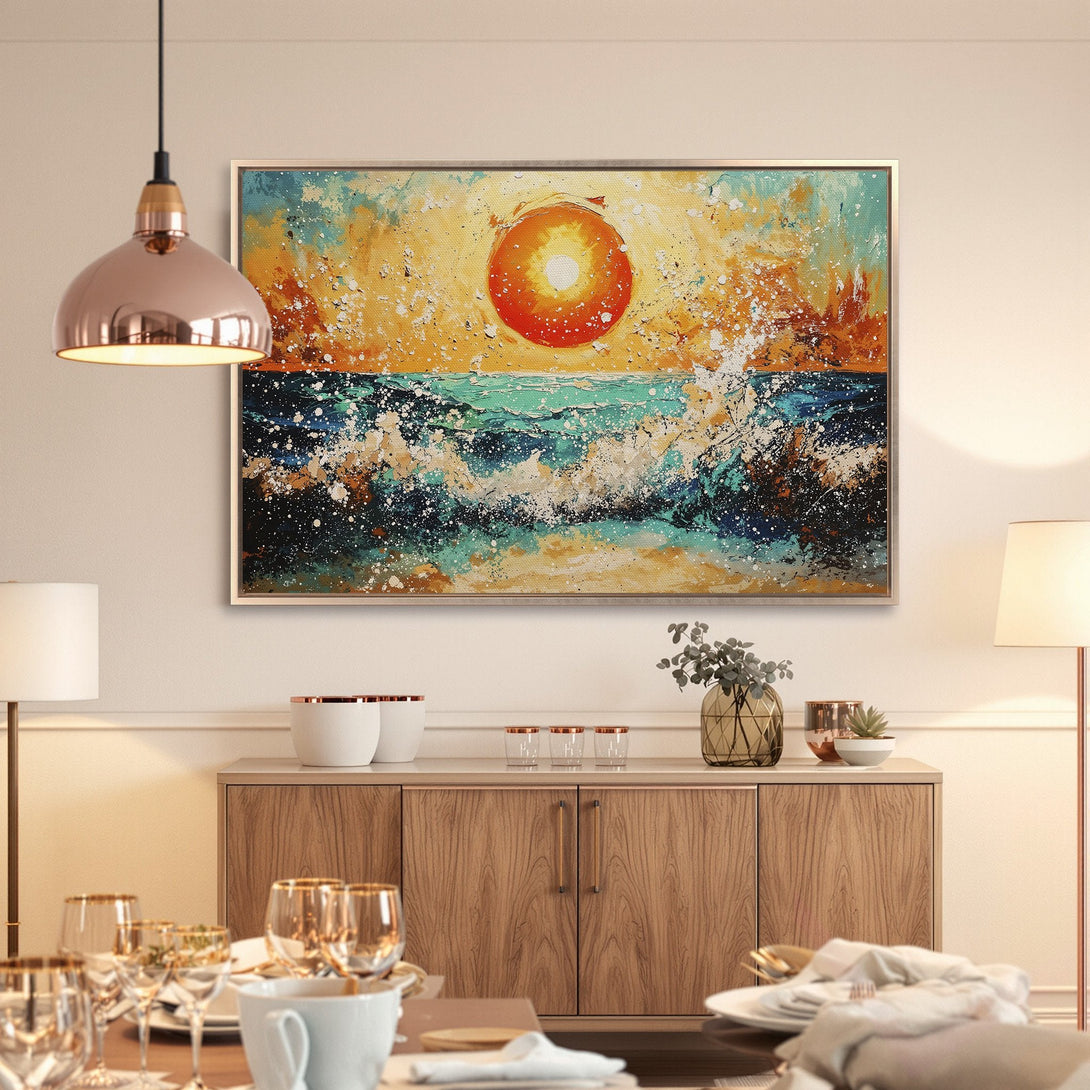 Framed Wall Art: Abstract ocean sunset canvas print in warm yellow, turquoise, and orange tones. Perfect for adding a pop of color to your home decor.