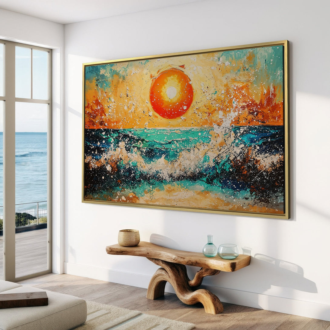 Canvas Print of an abstract ocean sunset. Bold, textured art in warm orange, blue, and yellow tones. Perfect for coastal decor.