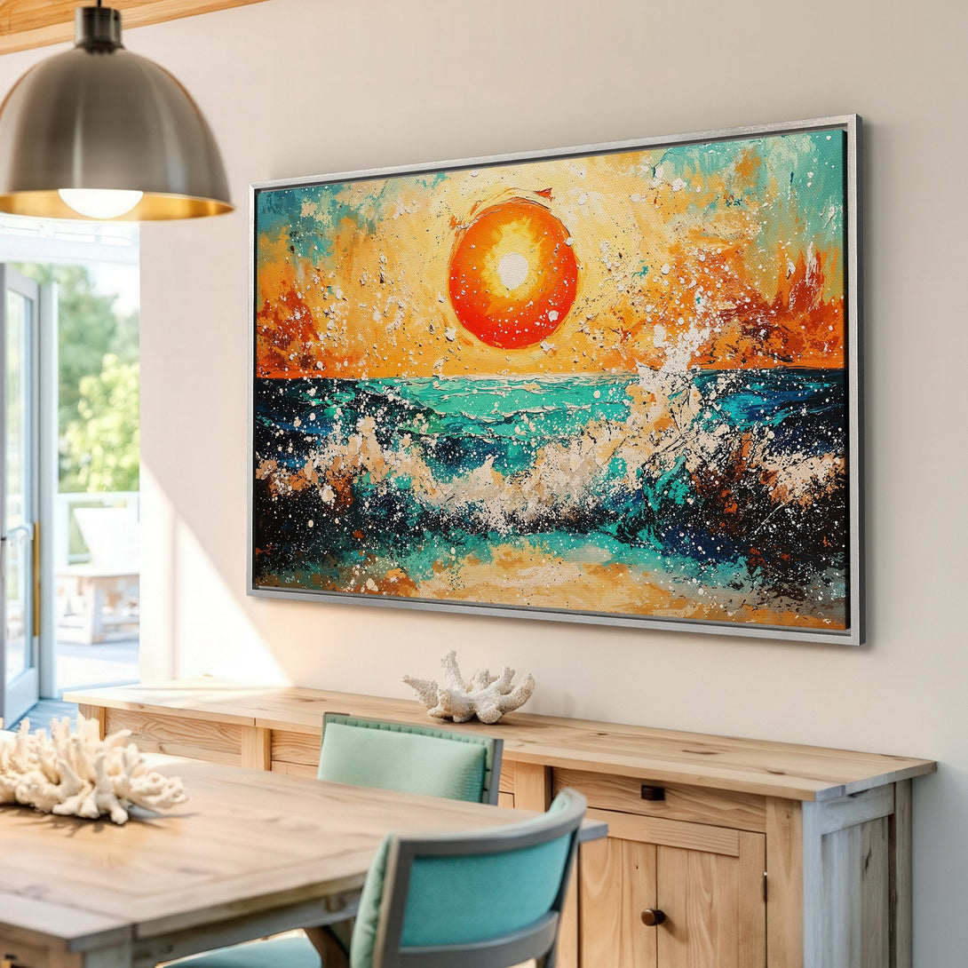 Framed Wall Art: Abstract ocean sunset canvas print in warm orange, teal, and blue hues. Perfect coastal decor to brighten any space.