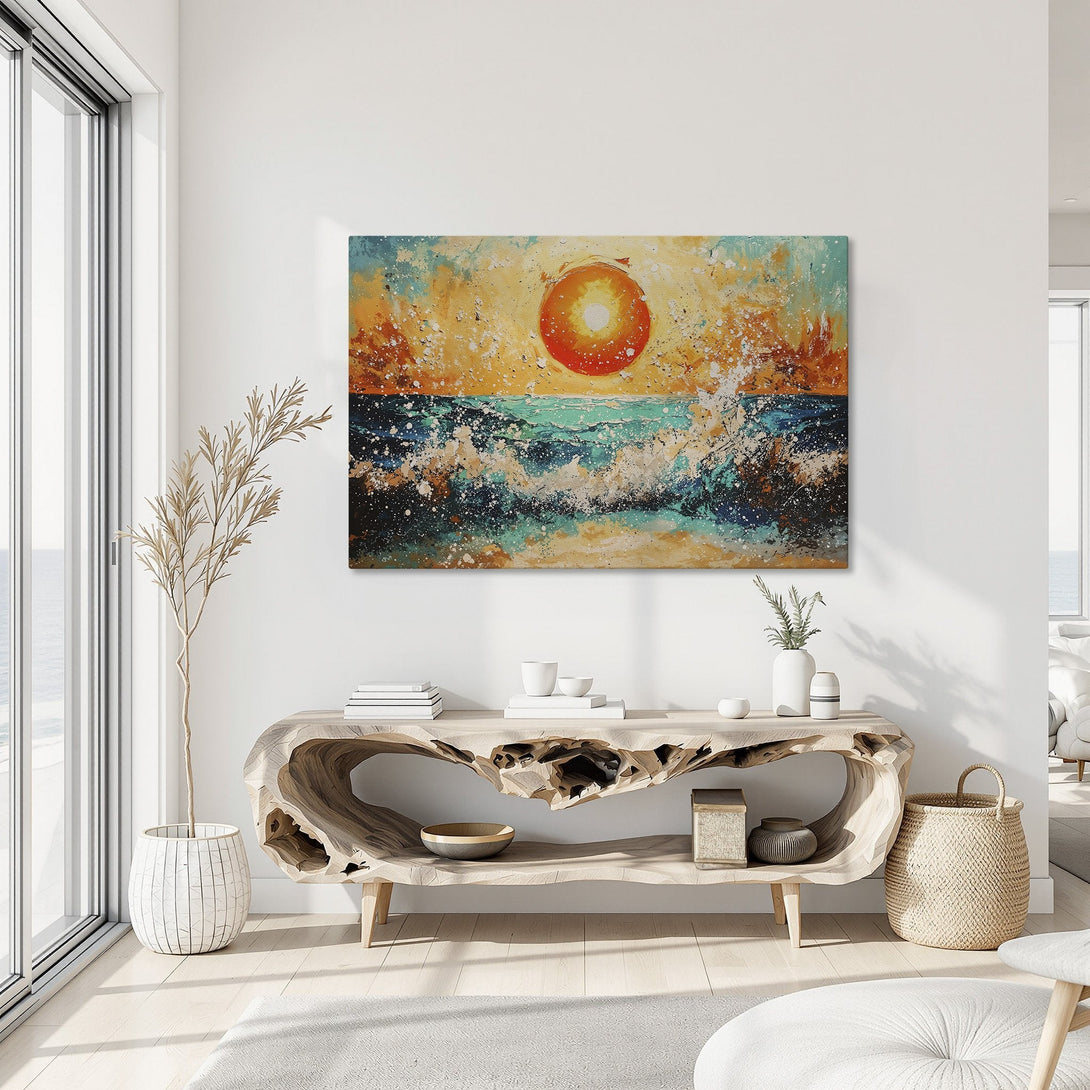 Framed Wall Art: Abstract ocean sunset canvas print in warm orange, teal, and gold tones. Modern art perfect for coastal decor.