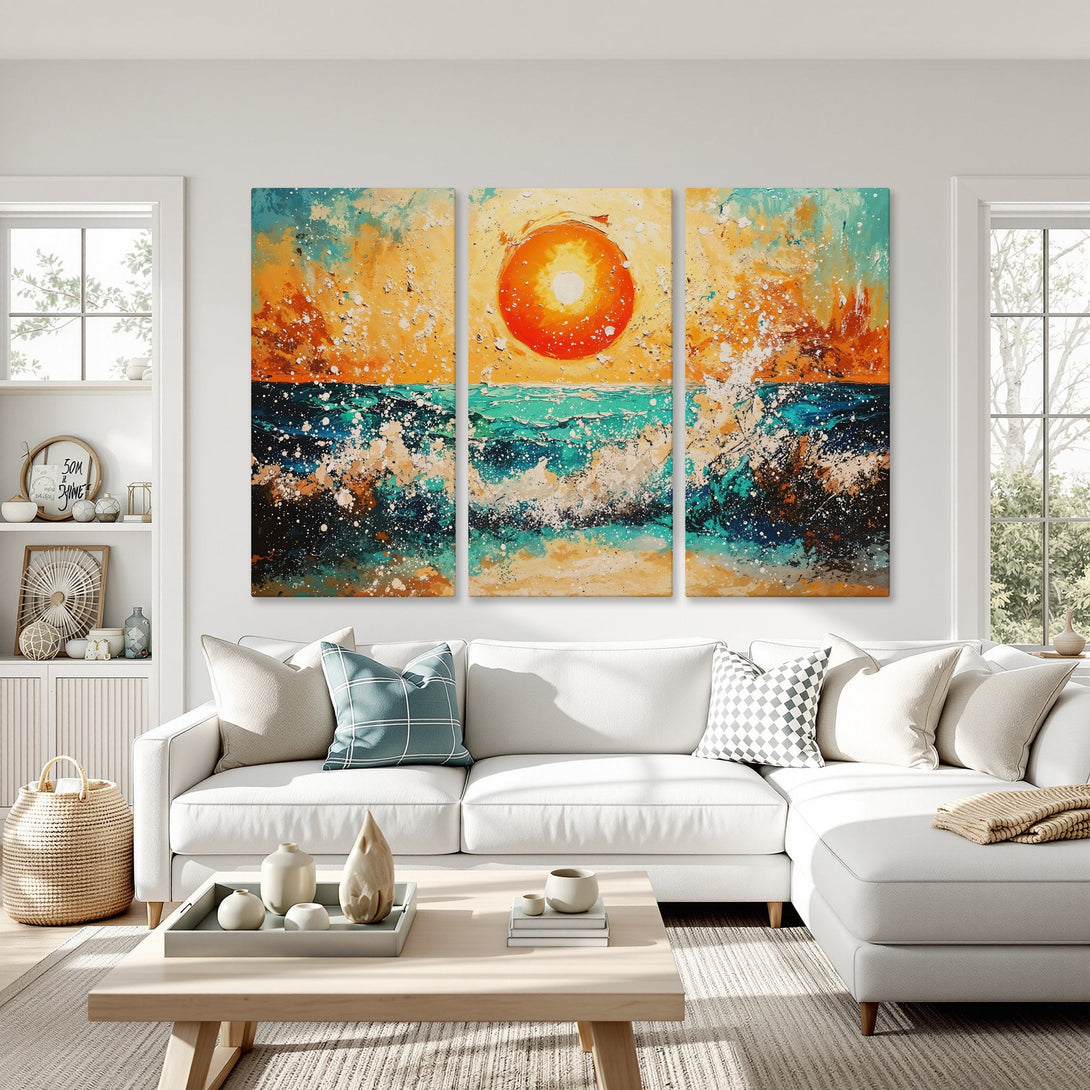 Abstract ocean Canvas Print in vibrant orange, teal, and blue. Modern art for a stylish living room.