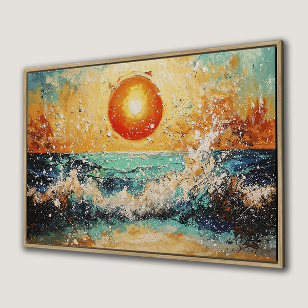 Framed Wall Art: Abstract ocean sunset canvas print in warm orange and teal tones, perfect for coastal decor.