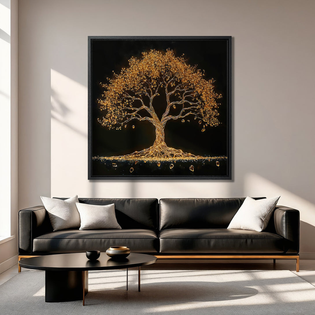 Framed Wall Art: Golden tree of life canvas print in a modern living room. Features a black frame, gold and black color palette, and a touch of luxury.