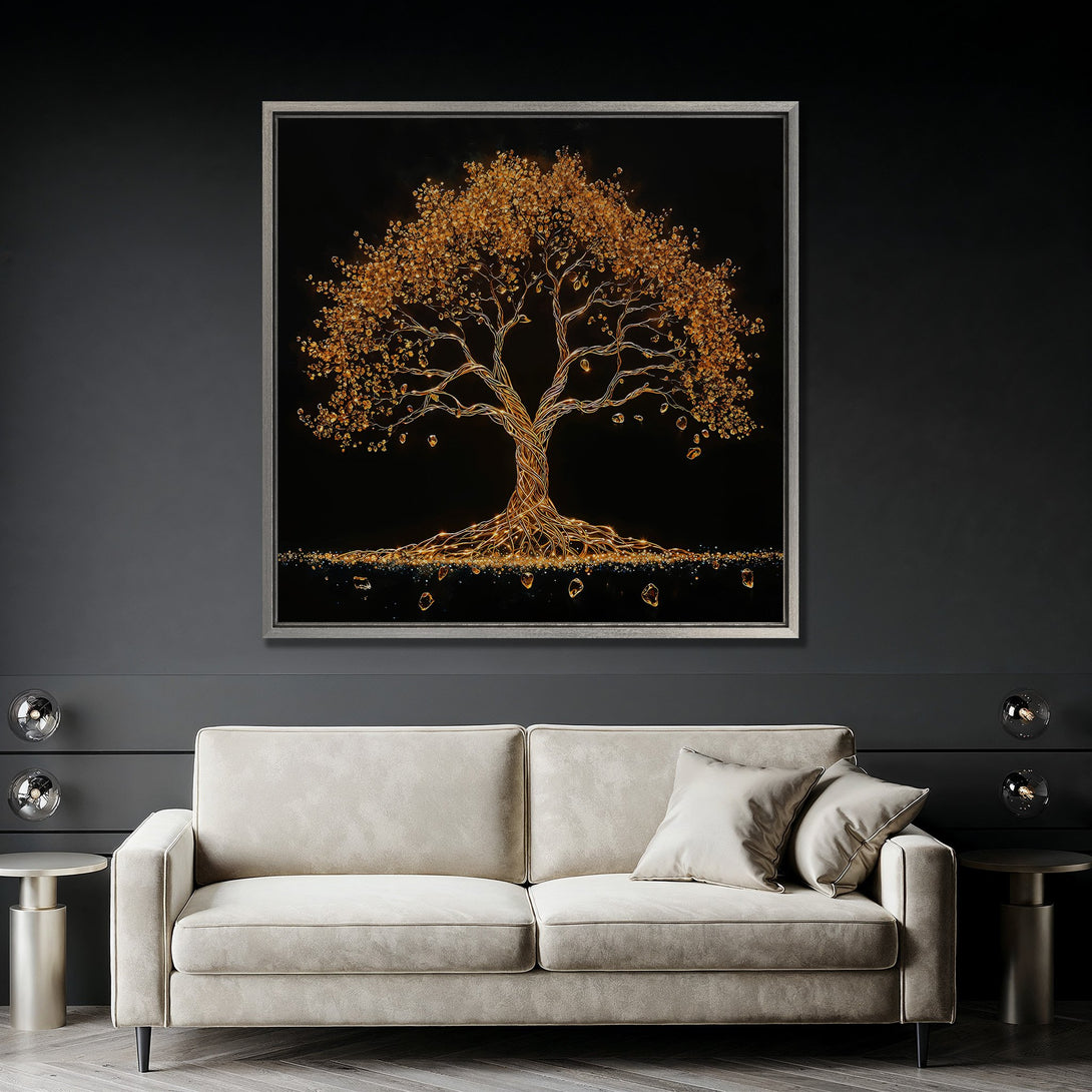 Framed Wall Art: Golden tree art print in a modern interior. Features a black background with a glowing gold and amber color palette. Perfect for home decor.