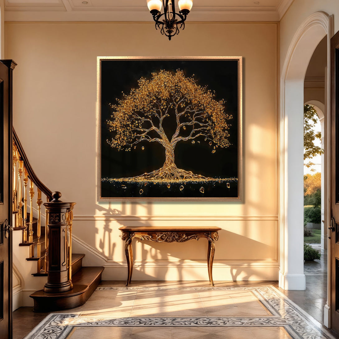 Framed Wall Art: Golden tree art print in a luxury interior. Elegant, modern canvas print with a gold and black color palette. Perfect for home decor.