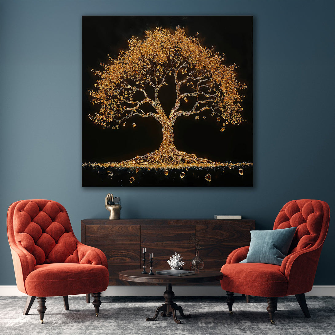 Framed Wall Art: Glowing golden tree on black background. Modern, elegant canvas print with warm gold tones, perfect for living room decor.