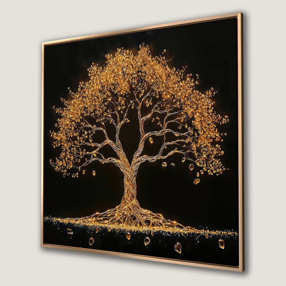 Framed Wall Art: Golden tree art print on black background. Modern style with gold and black color palette. Perfect for home decor.