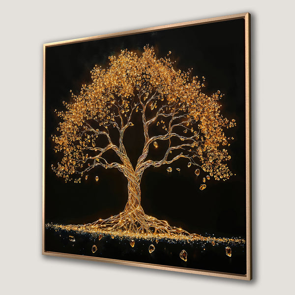 Framed Wall Art: Golden tree art print on black background. Modern style with gold and black color palette. Perfect for home decor.
