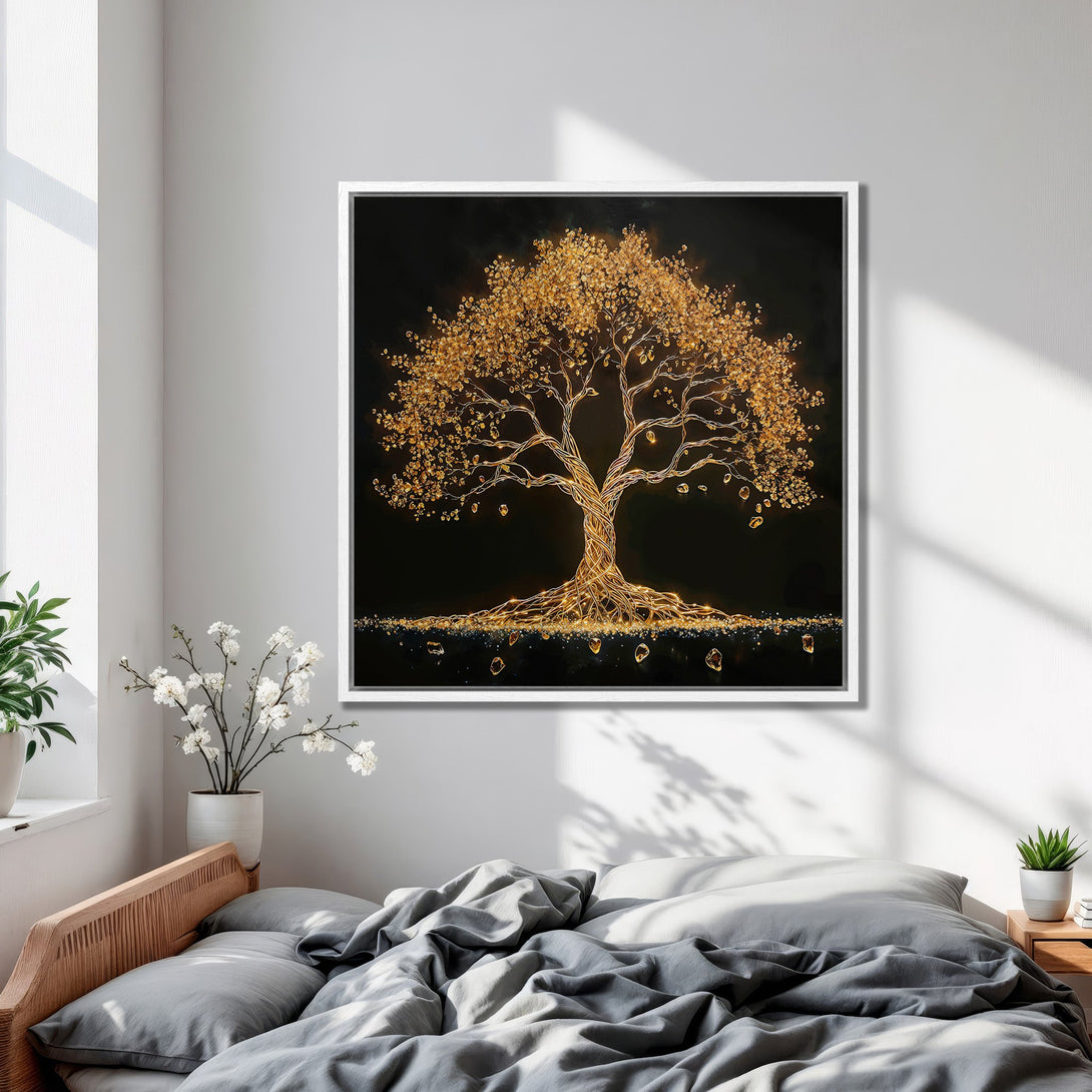 Framed Wall Art: Golden tree art print in a bedroom. Modern, abstract style with gold and black color palette. Perfect for home decor.