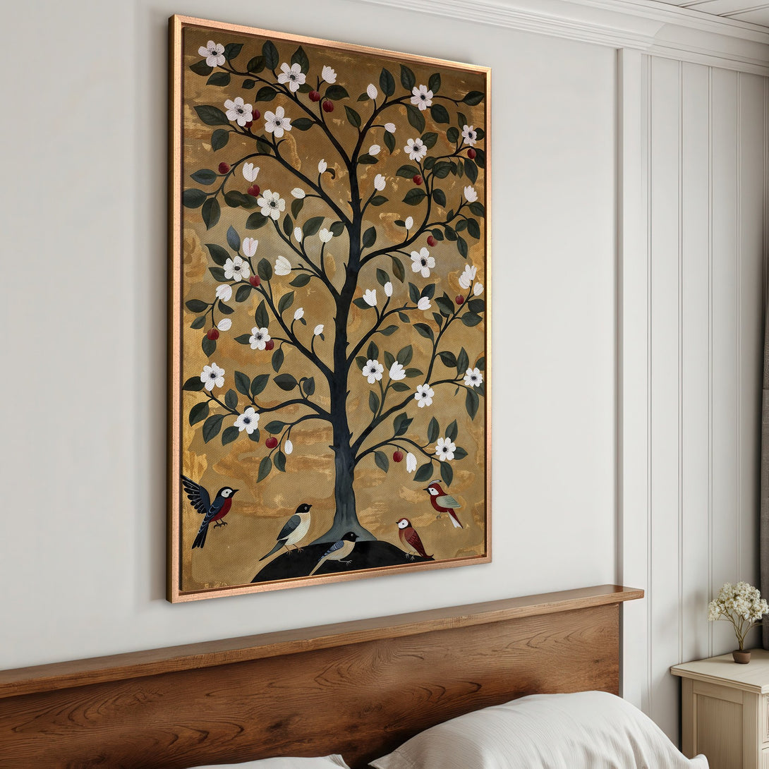 Framed Wall Art featuring a tree with birds, in a gold, green, and white color palette. Perfect for adding a touch of nature and elegance to your bedroom.