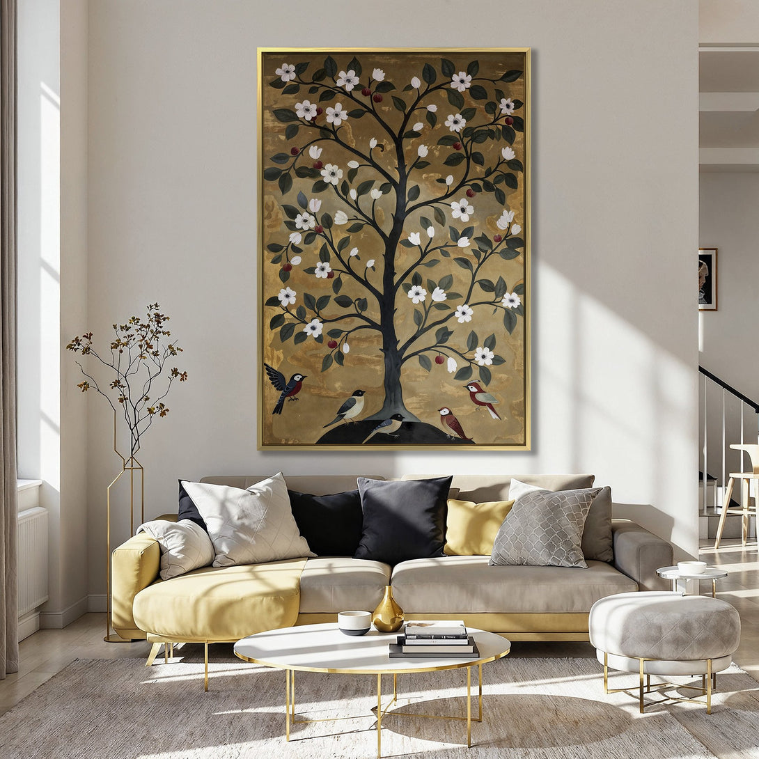 Canvas Print: Botanical tree art with birds, displayed in a cozy kitchen. Features a gold, black, and white color palette, adding a touch of elegance.