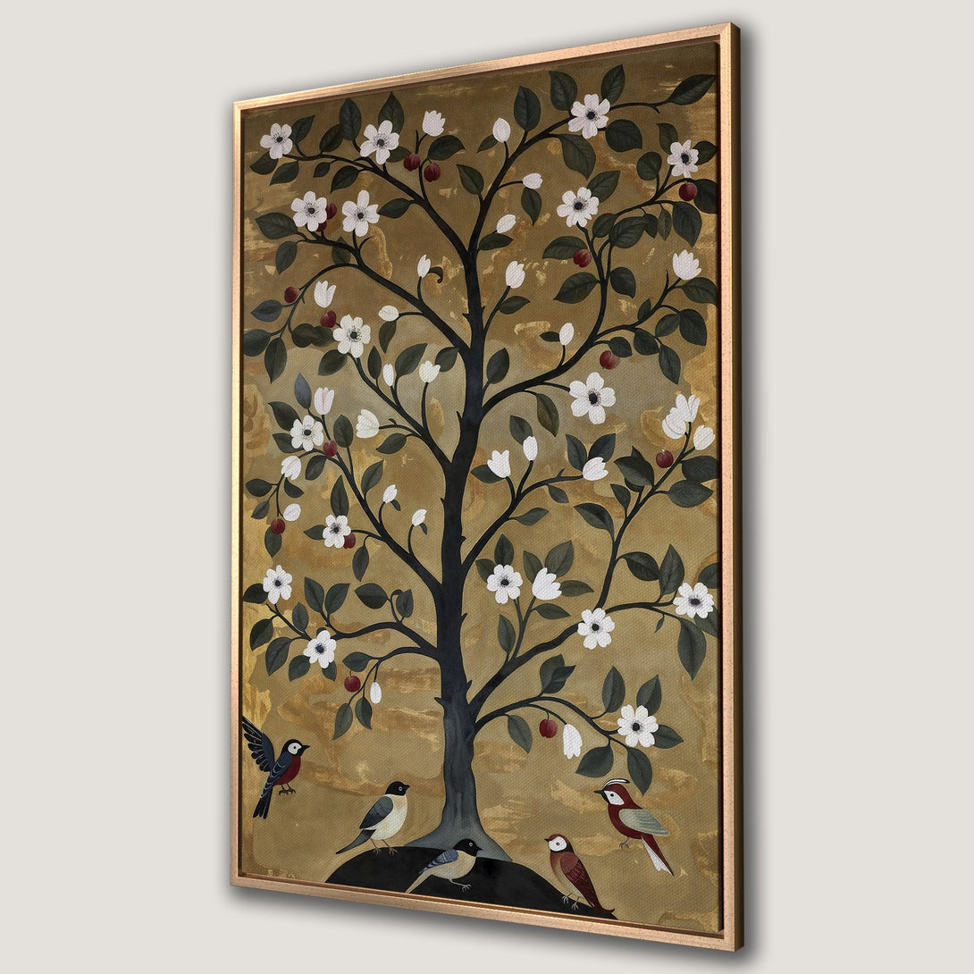 Framed Wall Art: Floral tree with birds in a vintage style. Gold, green, and white color palette. Perfect for adding a touch of nature to your decor.