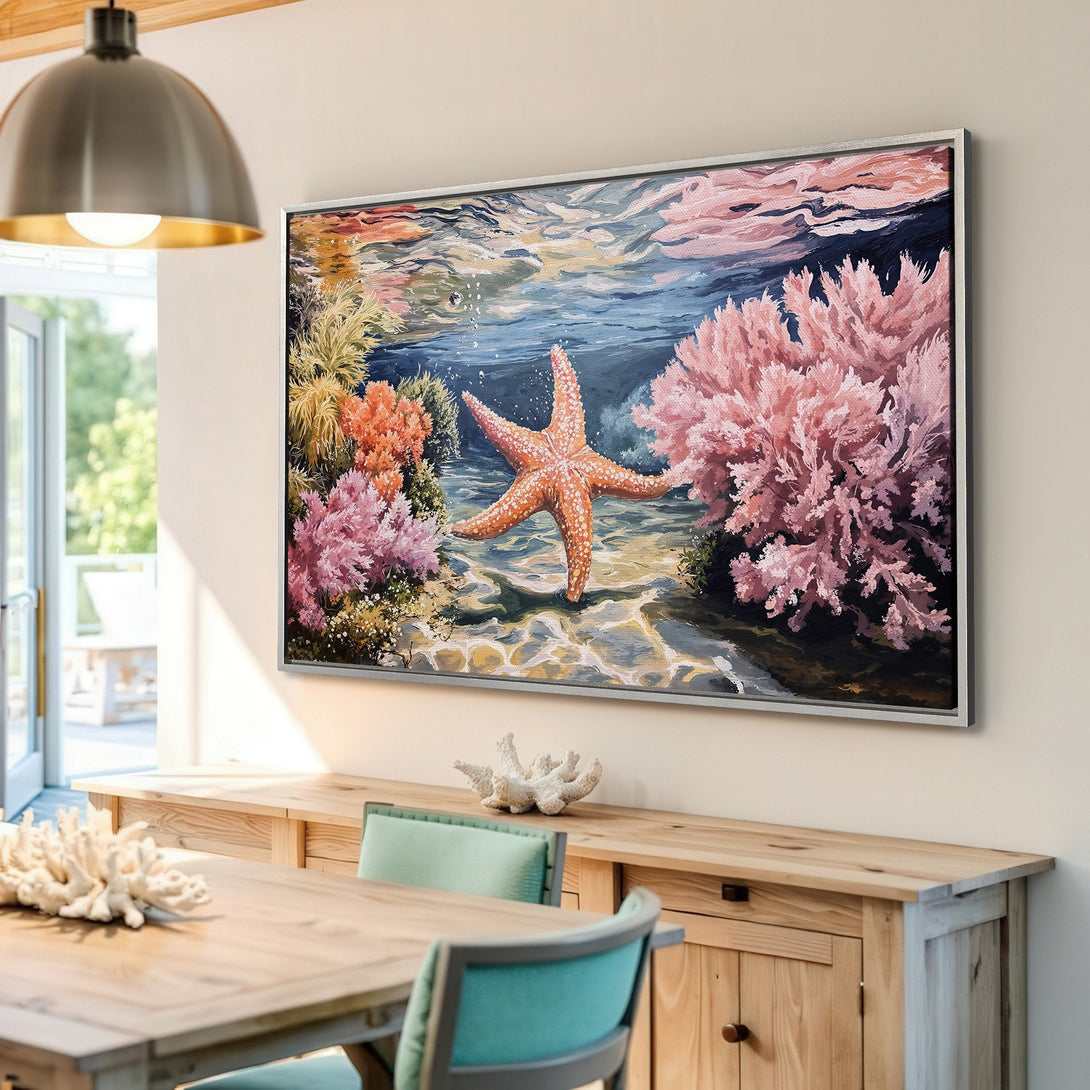 Framed Wall Art Canvas Print of a vibrant underwater scene with a starfish, featuring a coral reef in pinks, oranges, and blues. Coastal decor.