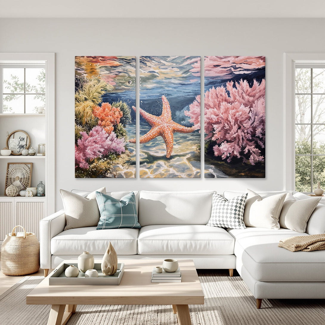 Canvas Print of a starfish and coral reef artwork in a coastal style, featuring a warm, pastel color palette. Perfect for living room decor.
