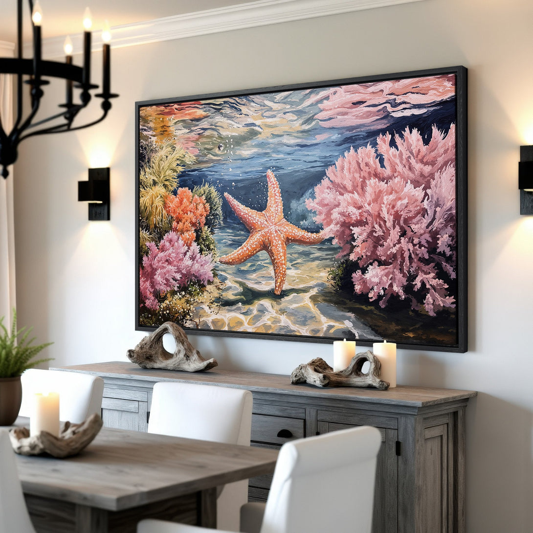 Framed Wall Art featuring a vibrant underwater scene with a starfish, coral, and a soft, warm color palette. Perfect for coastal decor.