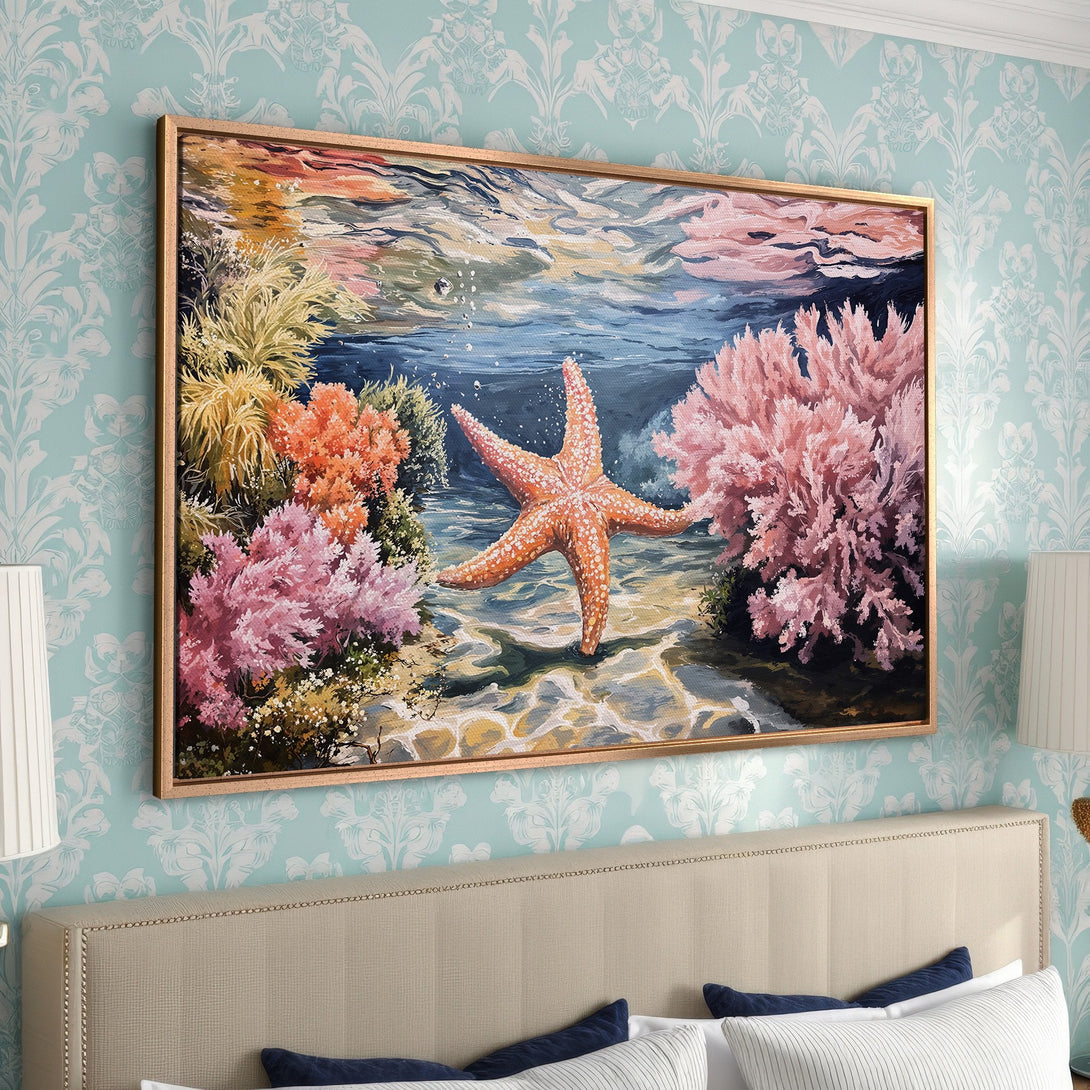 Framed Wall Art: Underwater starfish painting with coral reef. Coastal style art with a warm, colorful palette, perfect for your bedroom decor.