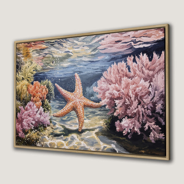 Framed Wall Art featuring a vibrant starfish underwater scene. Coastal-inspired artwork in a warm, pastel color palette, perfect for adding a touch of serenity.