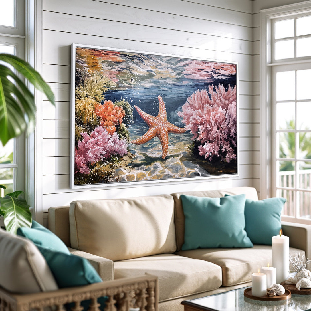 Framed Wall Art: Underwater starfish painting with coral in vibrant orange & pink hues, perfect for coastal decor.
