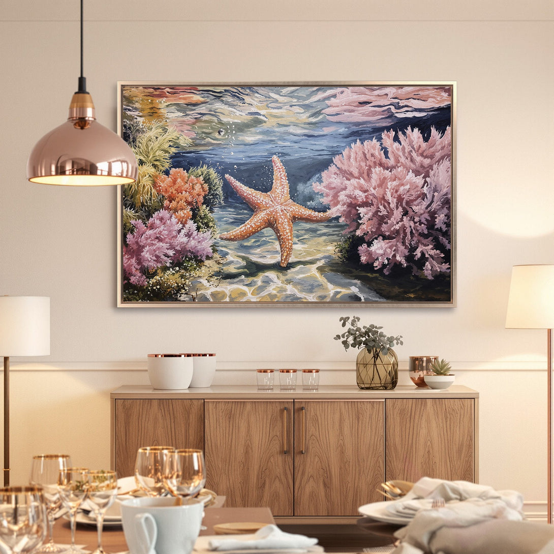 Framed Wall Art: Stunning underwater starfish painting with coral reef in a soft, pastel color palette. Perfect coastal decor for your home!