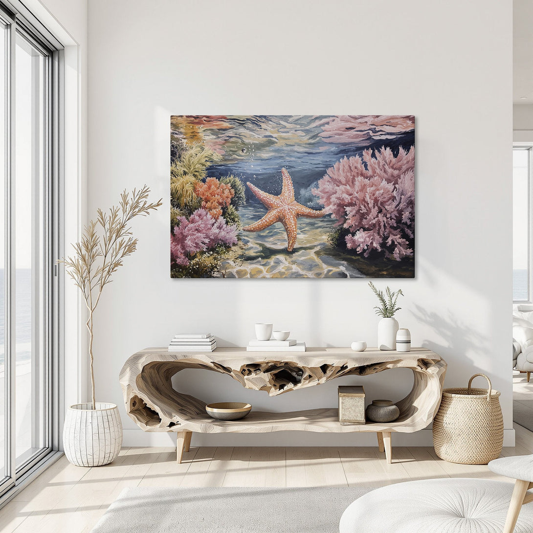 Framed Wall Art featuring a vibrant underwater scene with a starfish, coral, and a warm color palette. Perfect for coastal decor!