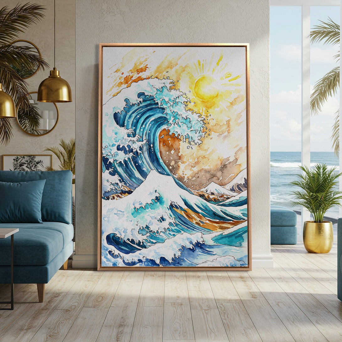 Framed Wall Art: Watercolor wave art in blue, yellow, and brown hues. Coastal decor inspiration for your home. Add a touch of serenity with this canvas print.