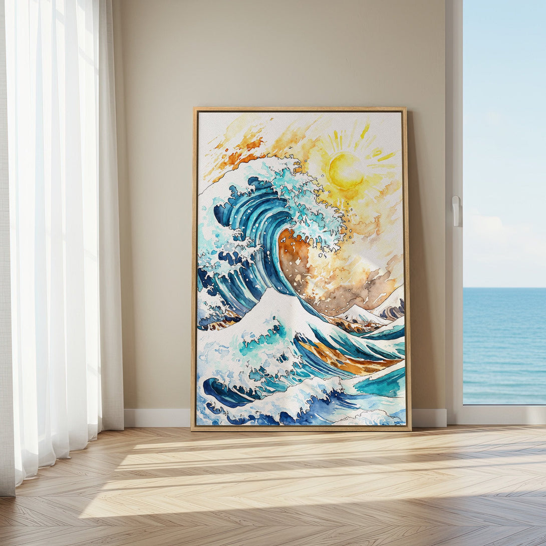 Framed Wall Art: Watercolor wave art in blue, gold, and turquoise, perfect for coastal decor. Adds a serene touch to any space.