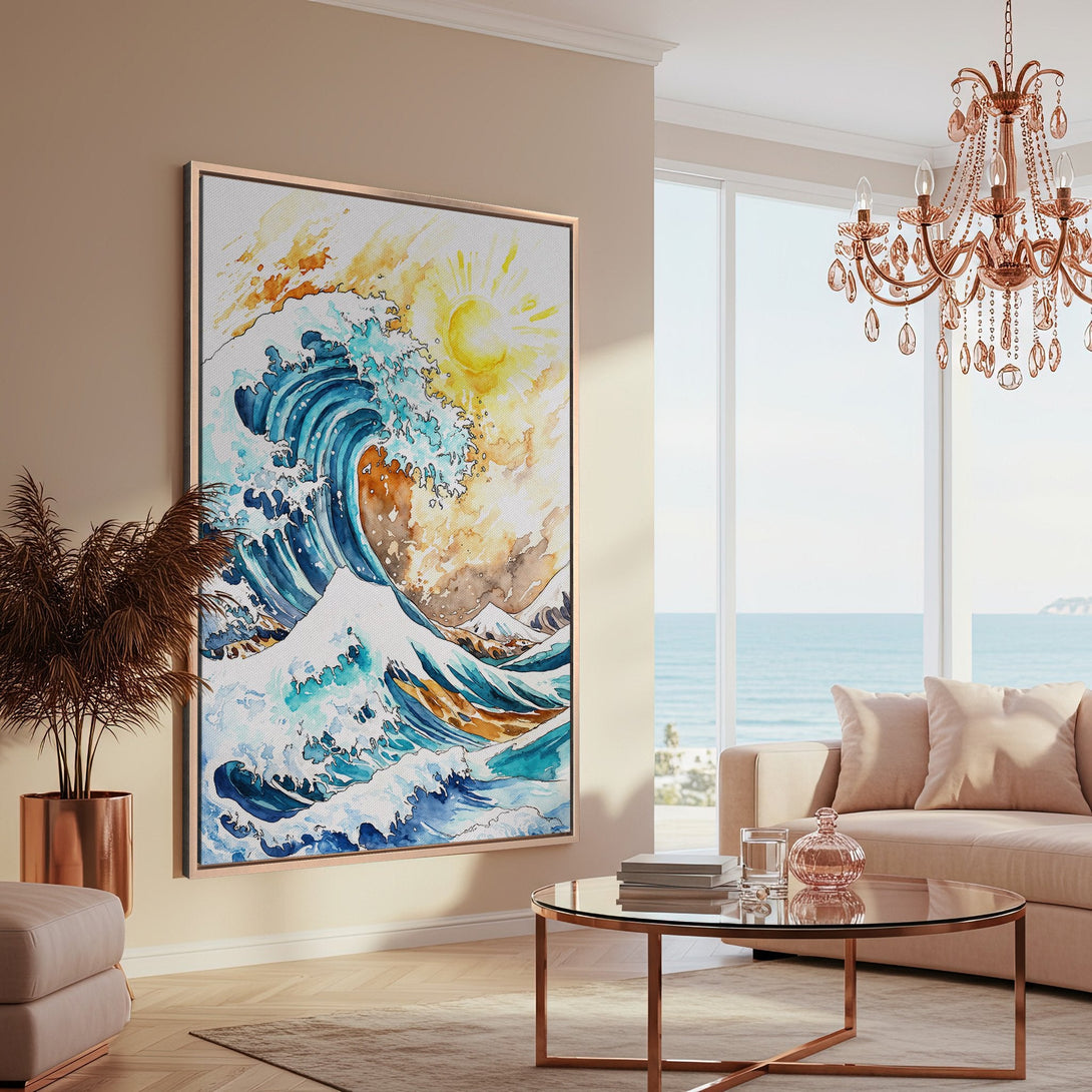 Framed Wall Art: Watercolor wave art in a coastal living room. Features blues, yellows, and browns. Perfect for adding a touch of serenity to your space.