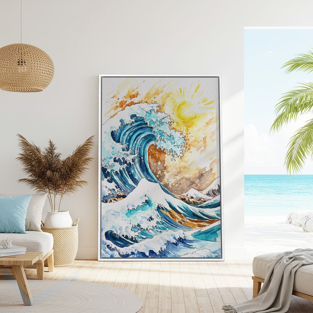 Framed Wall Art: Watercolor wave Canvas Print in blue, yellow, and brown tones. Coastal art for a relaxed, beachy vibe. Perfect for home decor.