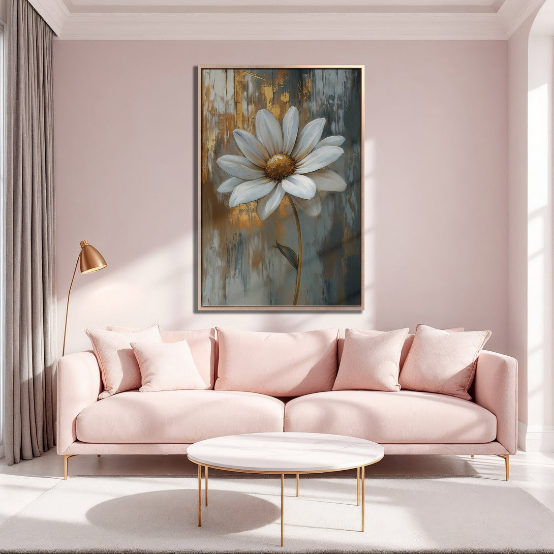 Framed Wall Art: Abstract daisy painting in gold, gray, and white. Modern floral art adds a touch of elegance to any space. Perfect for home decor!