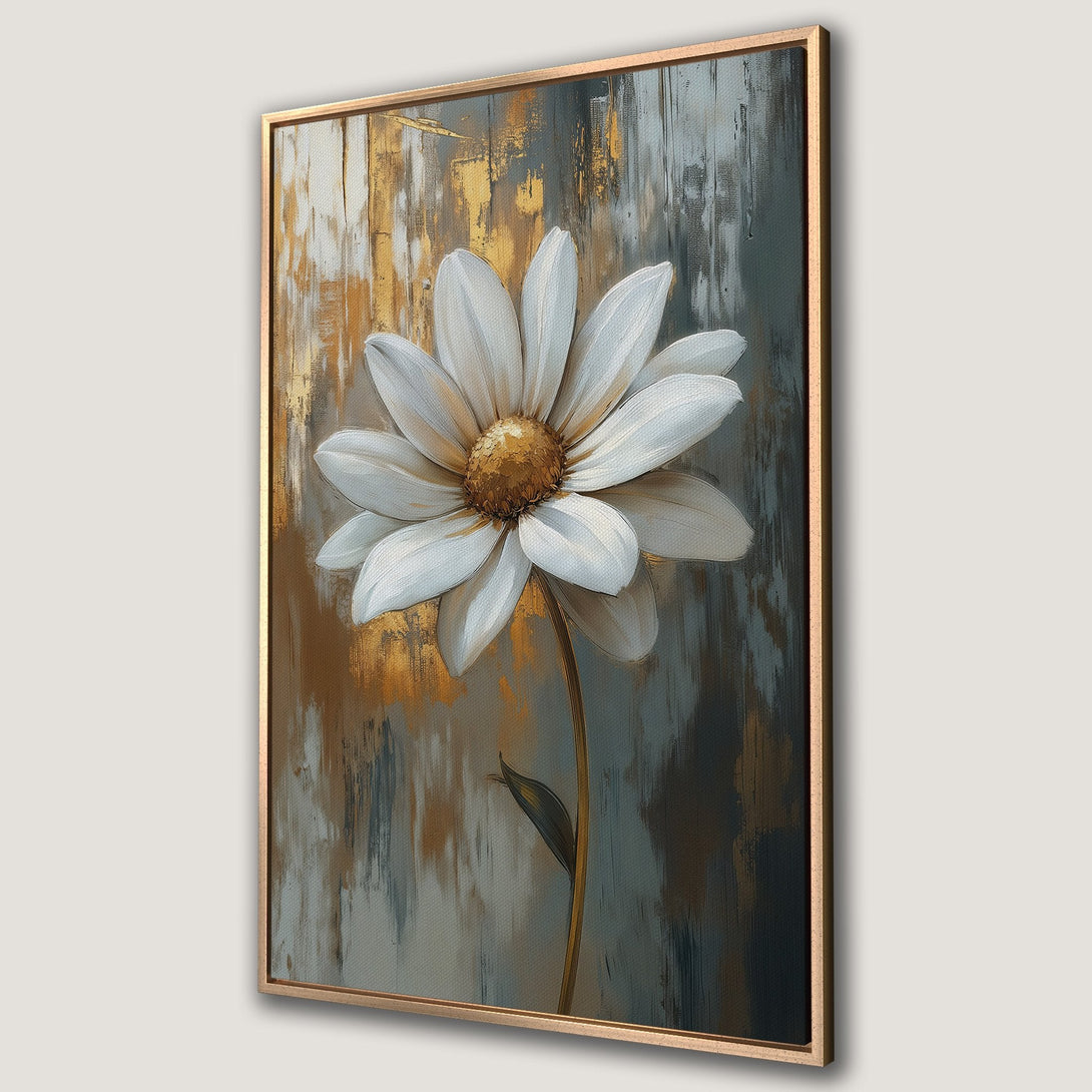 Framed Wall Art of a white daisy flower in an abstract style with gold, gray, and neutral tones. Perfect for modern home decor.