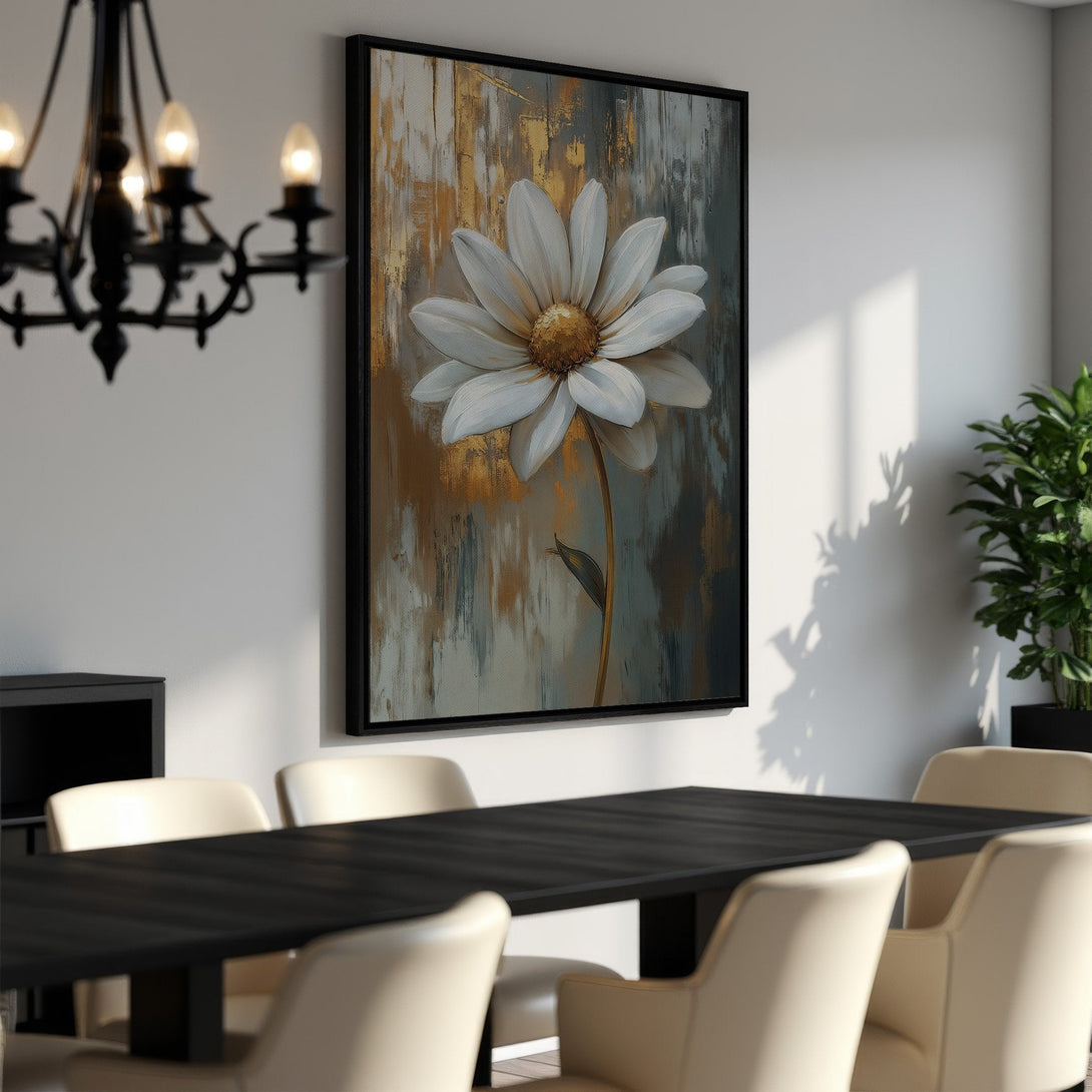Framed Wall Art featuring a large white flower painting with gold and gray accents. Modern floral art, perfect for adding elegance to any dining room.
