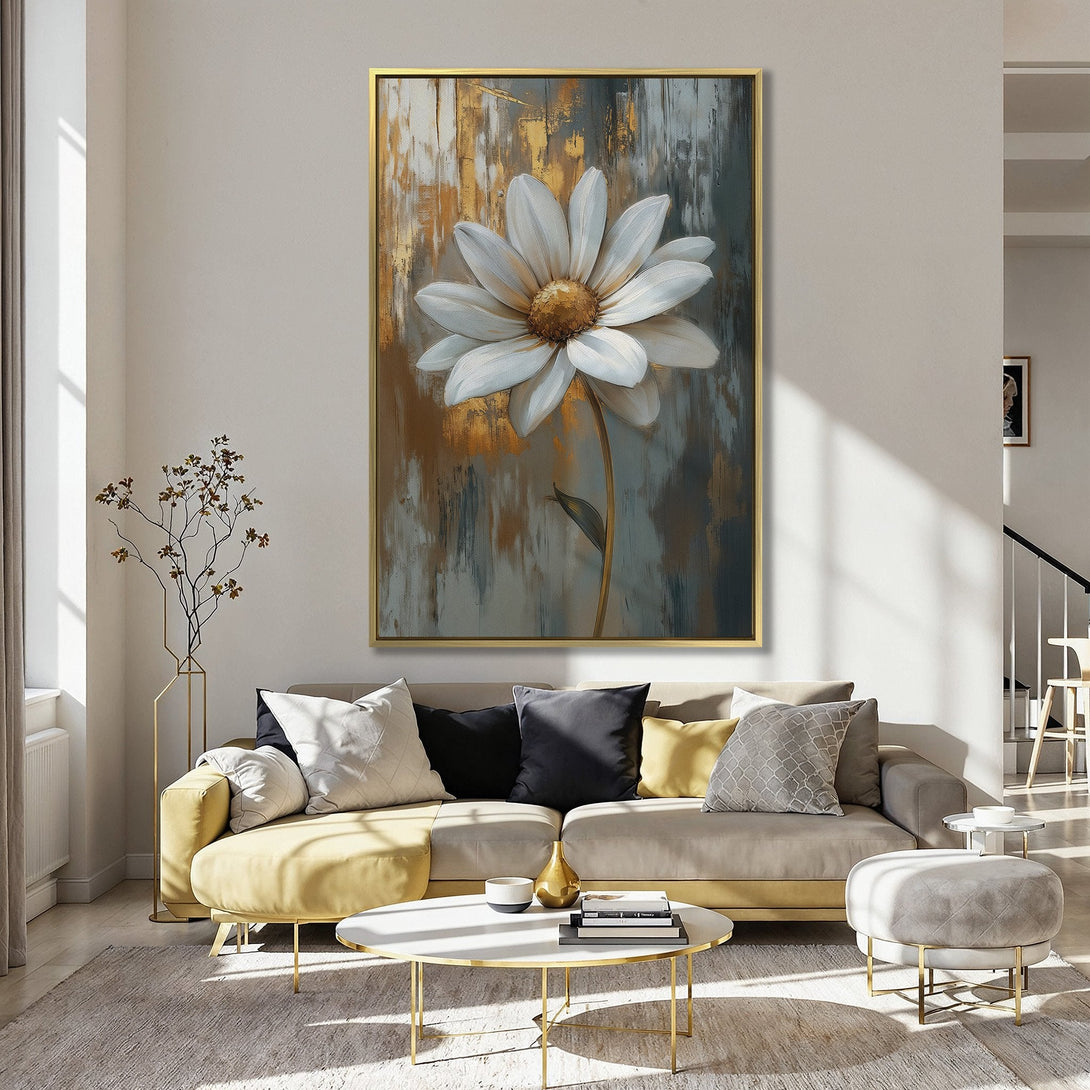 Canvas Print of a white daisy flower, abstract style, gold and teal color palette, perfect for modern home decor.
