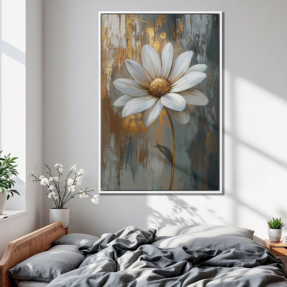 Framed Wall Art: Abstract daisy canvas print in neutral tones of white, gold, and gray. Modern floral art perfect for bedroom decor.