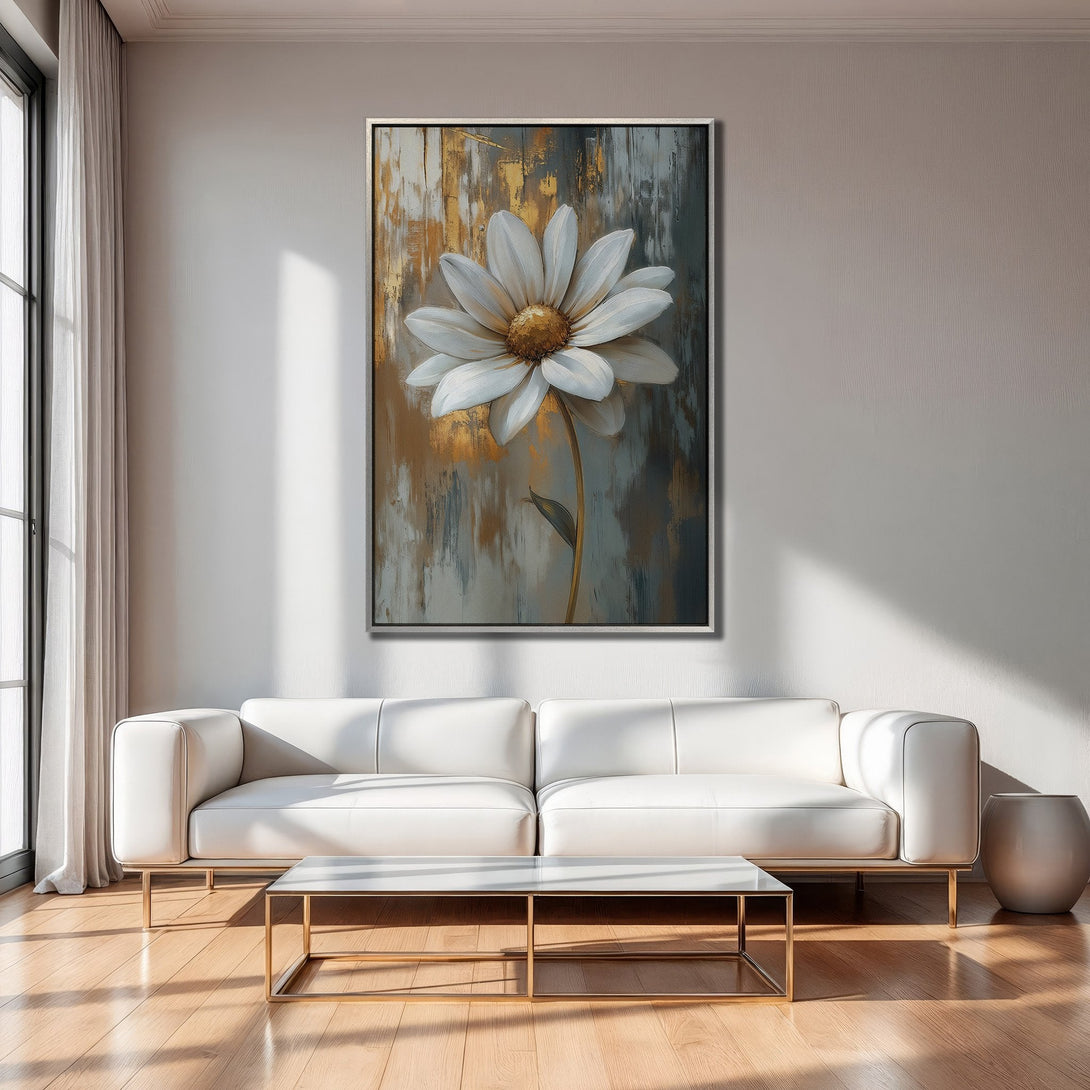 Framed Wall Art: Abstract daisy in neutral tones of white, gold, and gray. Modern art canvas print for a stylish living room.
