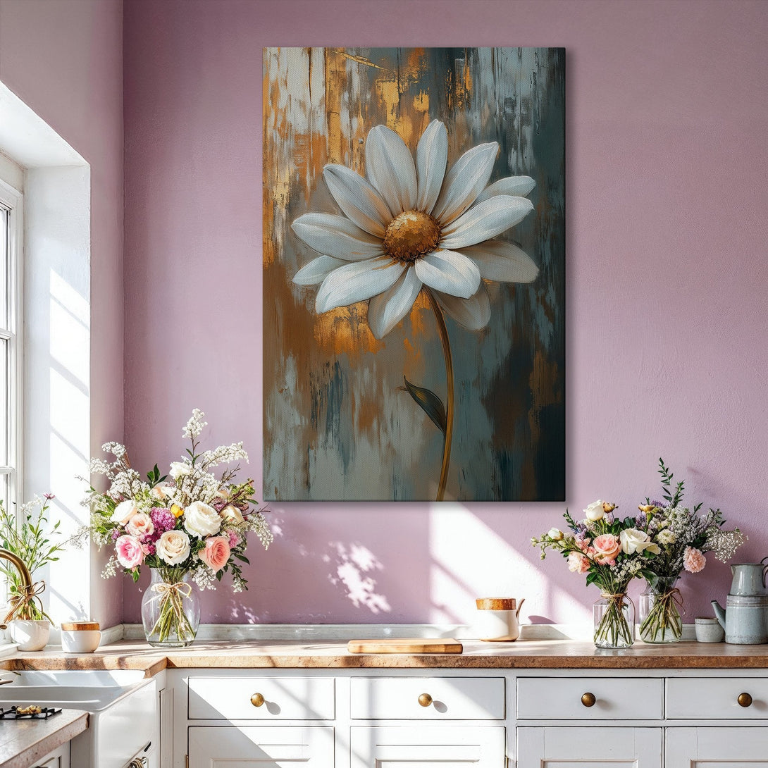 Framed Wall Art: Abstract white daisy canvas print with gold frame. Modern art decor in a neutral color palette, perfect for living room or bedroom.