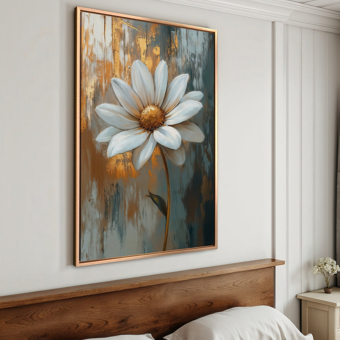 Framed Wall Art: Large white daisy canvas print with gold and teal abstract background. Modern floral art for bedroom decor.