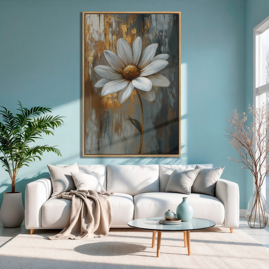 Framed Wall Art: Abstract daisy canvas print in gold, gray, and white. Modern floral art for a calming living room.
