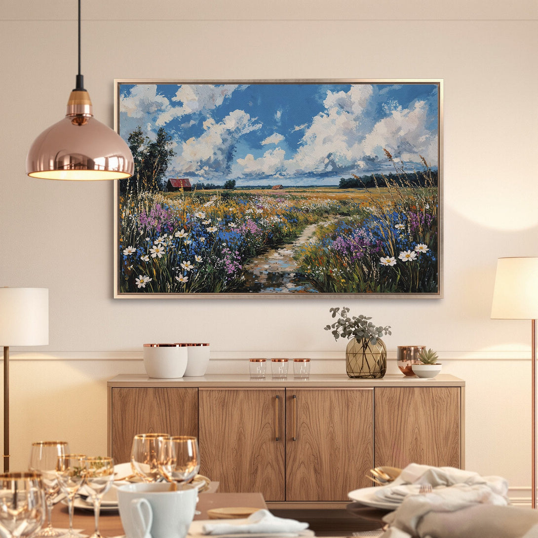 Framed Wall Art: Landscape Canvas Print with vibrant blues, yellows, and purples. Perfect for adding a touch of nature to your home decor.